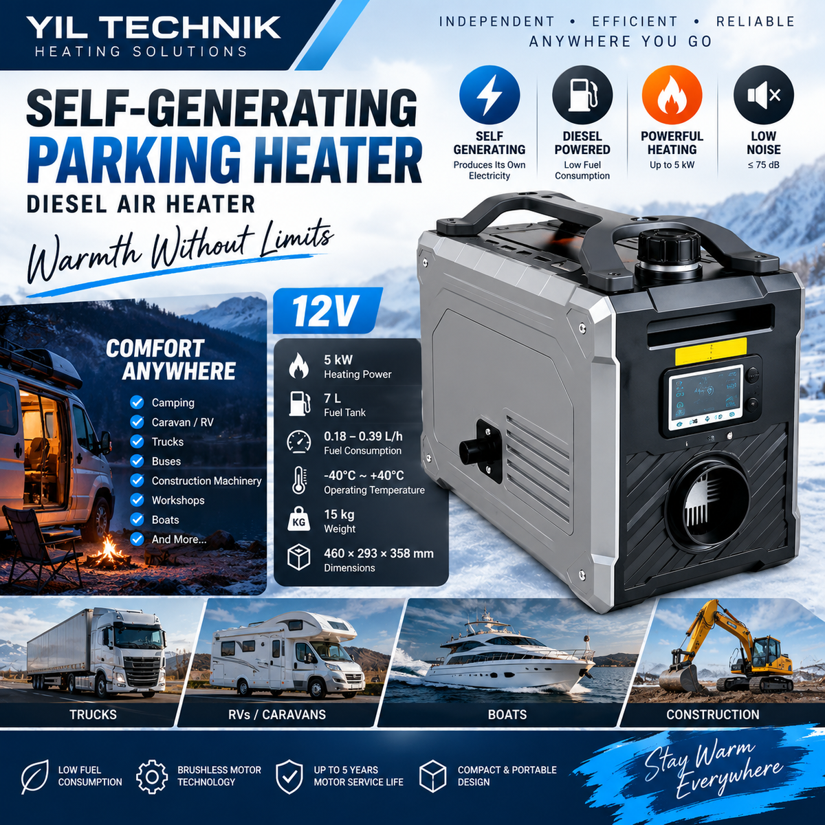 YIL TECHNIK SP5 5kW Self-Powered Diesel Air Heater – Portable Off-Grid Heater with 7L Tank